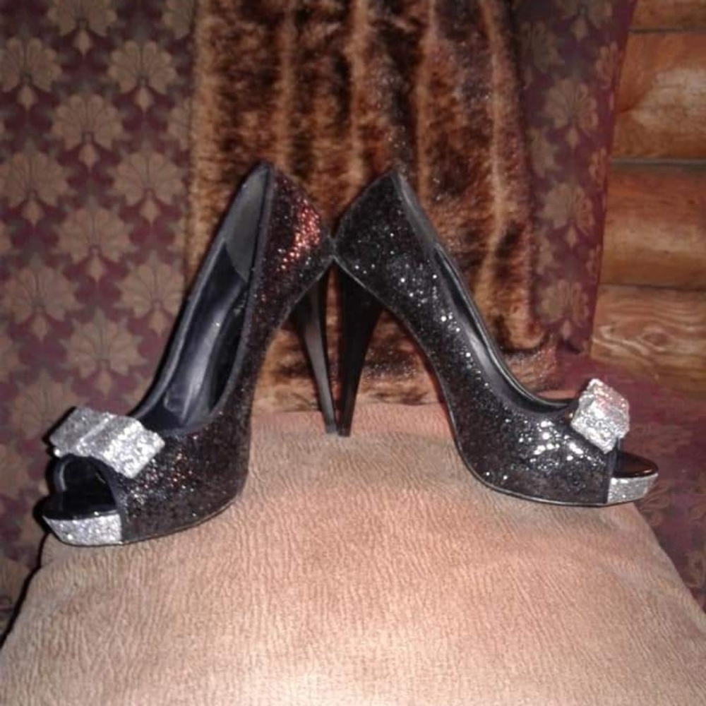 Sparkling black and silver open toe high heels